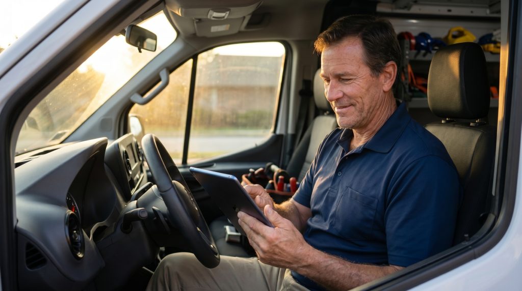 Service-business contractor sitting in his truck reviewing customer leads on a tablet, the kind of moment Lithium SEO is built to drive